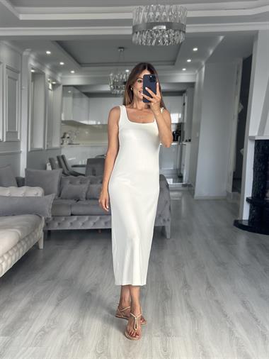 Beyaz Kare Yaka Düz Basic Midi Boy Kadın Elbise 
