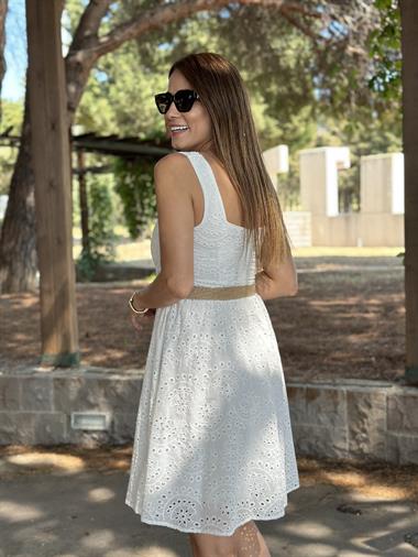 Beyaz Kare Yaka Hasır Kemerli Kalın Askılı Güpür Kadın Elbise