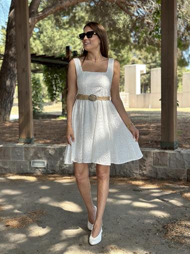 Beyaz Kare Yaka Hasır Kemerli Kalın Askılı Güpür Kadın Elbise