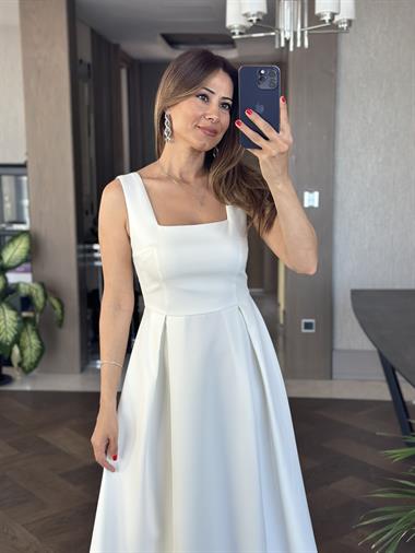 Beyaz Kare Yaka Kalın Askılı Arkası Fermuarlı Kadın Midi Boy Elbise 