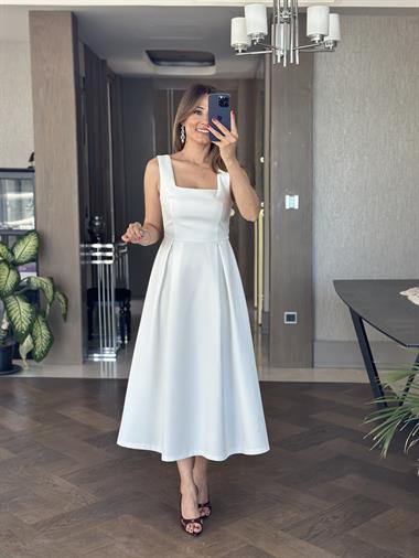 Beyaz Kare Yaka Kalın Askılı Arkası Fermuarlı Kadın Midi Boy Elbise 