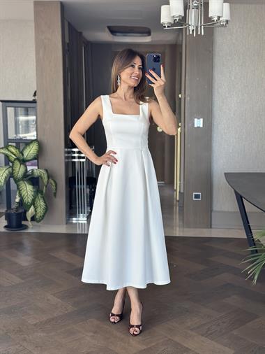 Beyaz Kare Yaka Kalın Askılı Arkası Fermuarlı Kadın Midi Boy Elbise 