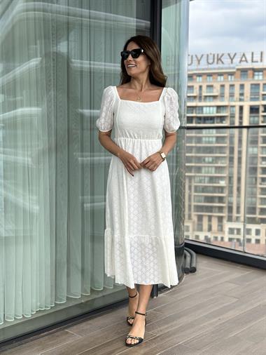 Beyaz Kare Yaka Prenses Kol Örme Brode Kadın Elbise