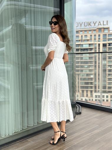 Beyaz Kare Yaka Prenses Kol Örme Brode Kadın Elbise