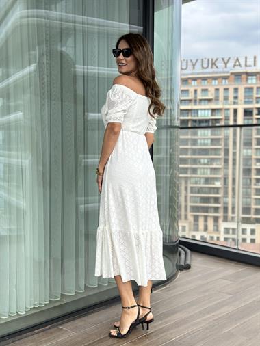 Beyaz Kare Yaka Prenses Kol Örme Brode Kadın Elbise