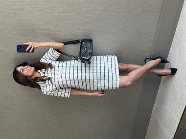 Beyaz Kareli Tüvit Polo Yaka Kısa Kol Üç Düğmeli Kadın Mini Elbise