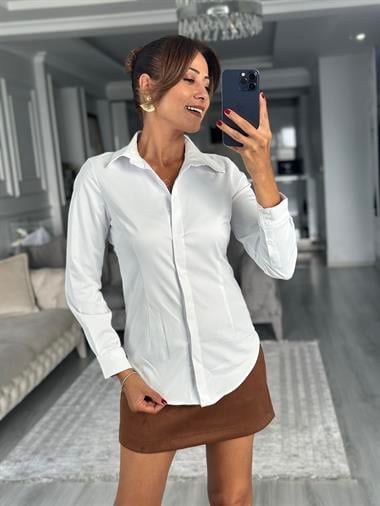 Beyaz Karol Gizli Patlı Slim Fit Kadın Gömlek