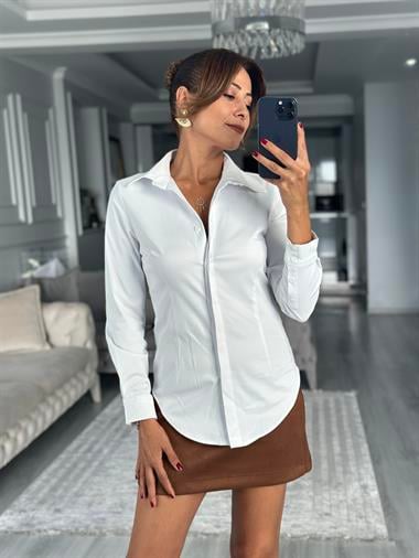 Beyaz Karol Gizli Patlı Slim Fit Kadın Gömlek