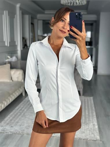 Beyaz Karol Gizli Patlı Slim Fit Kadın Gömlek