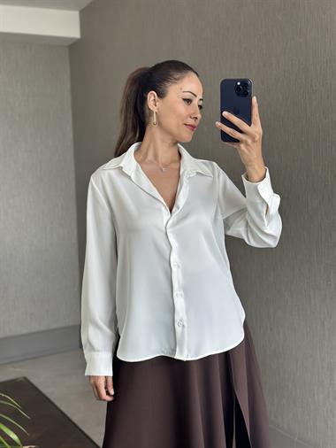 Beyaz Karol Uzun Kol Saten Kadın Gömlek