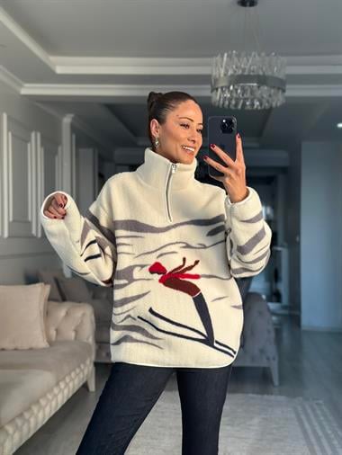 Beyaz Kayak Desenli Yarım Fermuarlı Peluş Kadın Sweatshirt