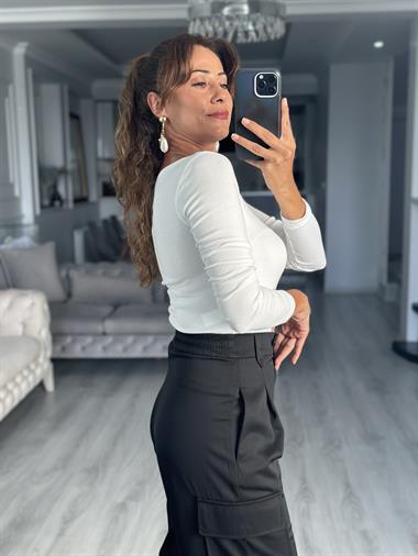 Beyaz Kayık Yaka Uzun Kollu Top Kadın Bluz