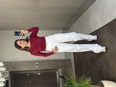 Beyaz Kemeri Çapraz Wide Leg Kadın Jean Pantolon