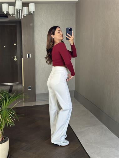 Beyaz Kemeri Çapraz Wide Leg Kadın Jean Pantolon