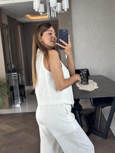Beyaz Keten Düğmeli Yelek Pantolon Kadın Alt Üst Takım