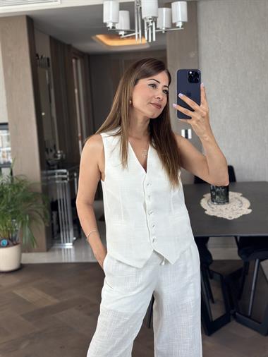Beyaz Keten Düğmeli Yelek Pantolon Kadın Alt Üst Takım