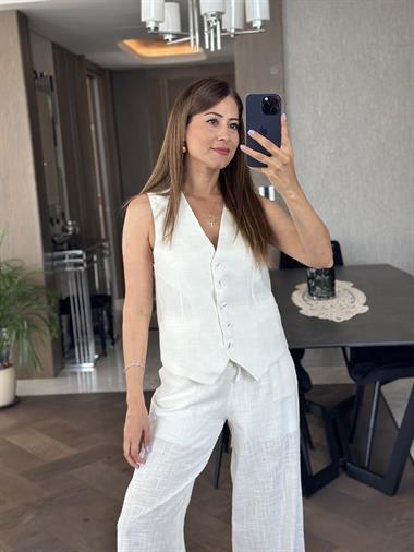 Beyaz Keten Düğmeli Yelek Pantolon Kadın Alt Üst Takım