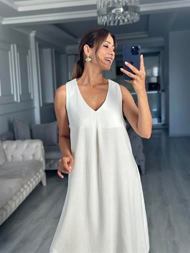 Beyaz Keten Önü Pensli V Yaka Sıfır Kol Cepli Kadın Midi Boy Elbise