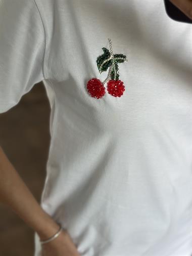 Beyaz Kiraz Taşlı Bisiklet Yaka Kadın T-Shirt
