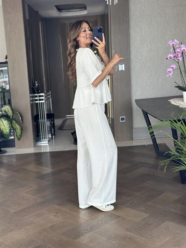 Beyaz Kısa Kol Önü Bağlamalı Bluz Cepsiz Pantolon Kadın İkili Takım