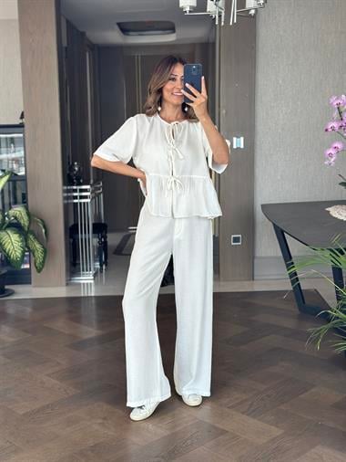 Beyaz Kısa Kol Önü Bağlamalı Bluz Cepsiz Pantolon Kadın İkili Takım