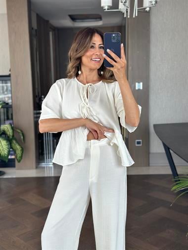 Beyaz Kısa Kol Önü Bağlamalı Bluz Cepsiz Pantolon Kadın İkili Takım