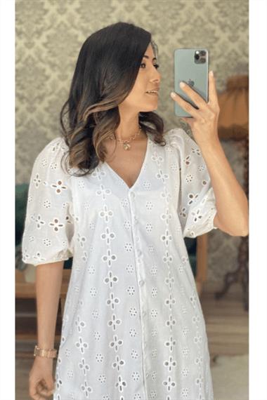 Beyaz Kısa Kol V Yaka Fisto Elbise