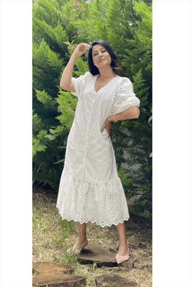 Beyaz Kısa Kol V Yaka Fisto Elbise