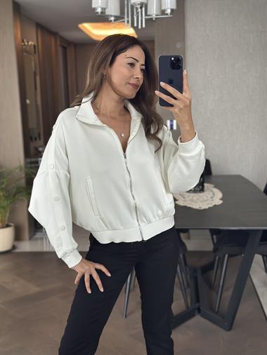 Beyaz Kolları Çıtçıt Detay Fermuarlı Cepli Kadın Sweatshirt