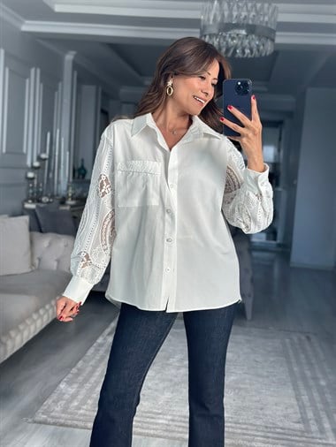 Beyaz Kolları ve Sırtı Güpür Detaylı Kadın Gömlek