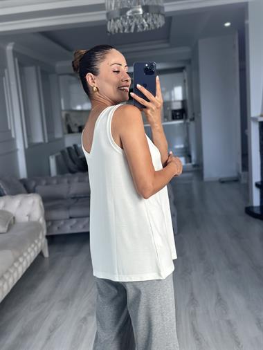 Beyaz Kolsuz Ön Arka V Yaka Kadın Bluz