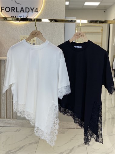Beyaz Kolu Ve Eteği Dantelli Asimetrik Kadın T-Shirt