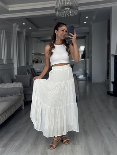 Beyaz Krinkıl Beli Lastikli Kadın Midi Boy Etek