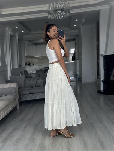 Beyaz Krinkıl Beli Lastikli Kadın Midi Boy Etek