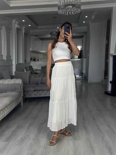 Beyaz Krinkıl Beli Lastikli Kadın Midi Boy Etek