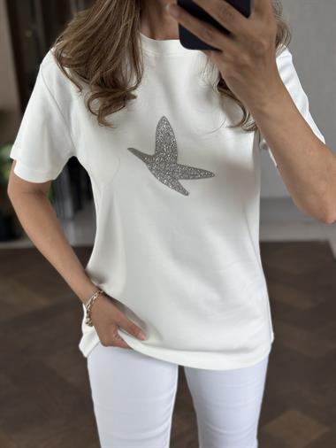 Beyaz Kuş Taşlı Bisiklet Yaka Kısa Kol Kadın T-Shirt