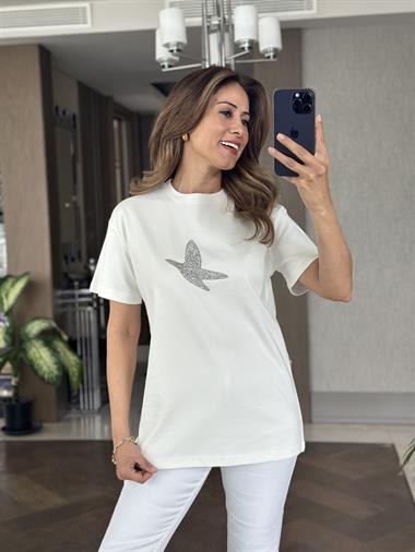 Beyaz Kuş Taşlı Bisiklet Yaka Kısa Kol Kadın T-Shirt