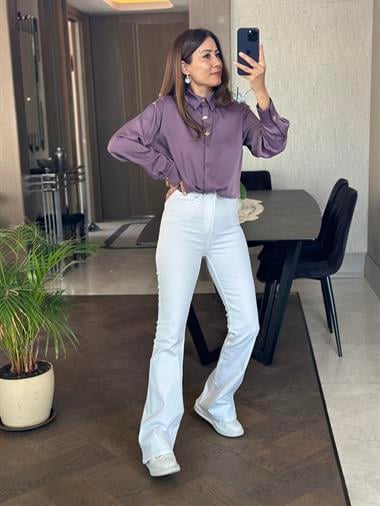 Beyaz Lacarino İspanyol Paça Kadın Jean Pantolon