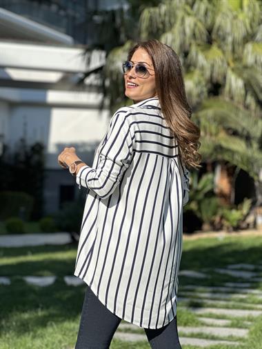 Beyaz Lacivert Çizgili Viskon Kadın Gömlek