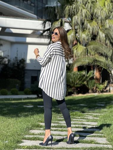 Beyaz Lacivert Çizgili Viskon Kadın Gömlek