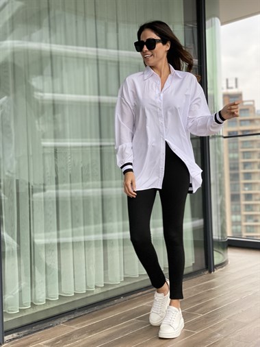 Beyaz Lastik Detaylı Oversize Gömlek