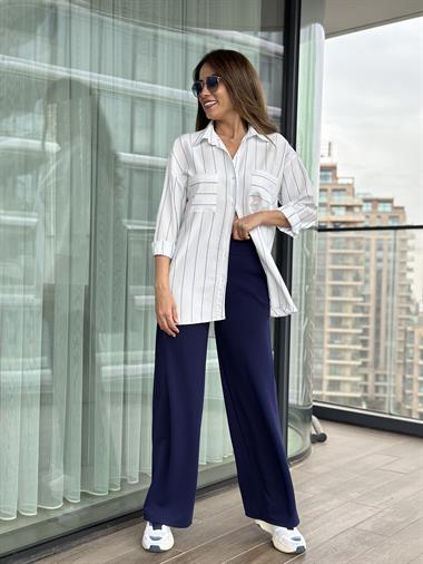 Beyaz Mavi Çizgili İki Cepli Oversize Kadın Gömlek