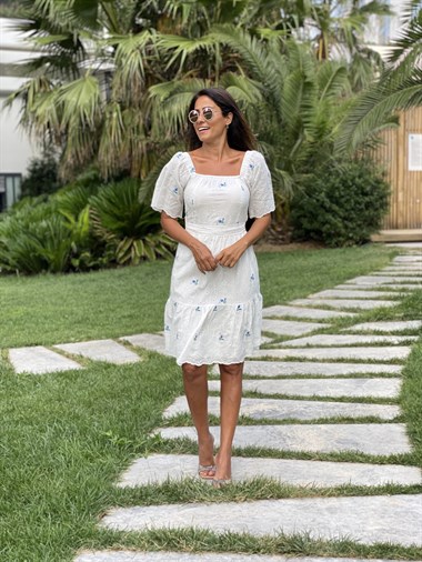 Beyaz Mavi Nakış Detay Dantel Brode Kadın Elbise