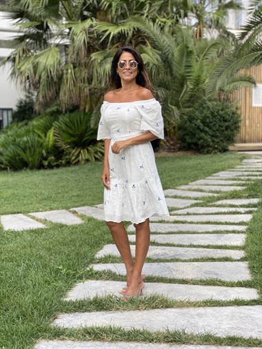 Beyaz Mavi Nakış Detay Dantel Brode Kadın Elbise