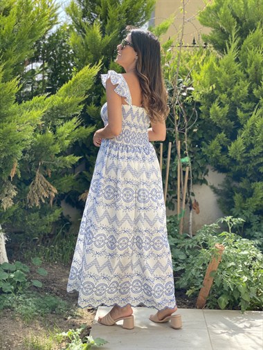 Beyaz Mavi Nakışlı Bel Gipeli Kadın Elbise