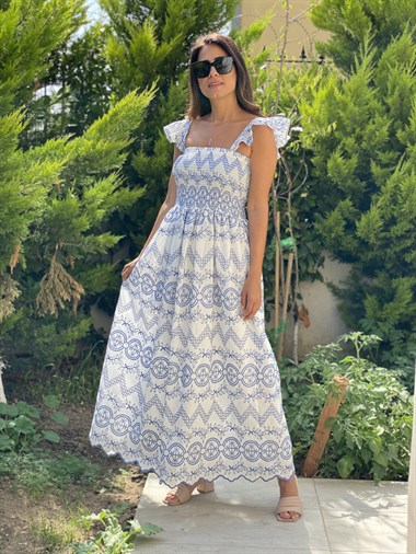 Beyaz Mavi Nakışlı Bel Gipeli Kadın Elbise