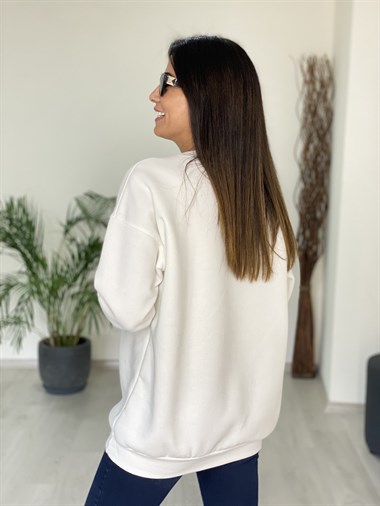 Beyaz Yazı Baskılı Bisiklet Yaka Basic Kadın Sweatshirt