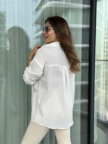 Beyaz Midye İşlemeli Keten Aerobin Kadın Gömlek