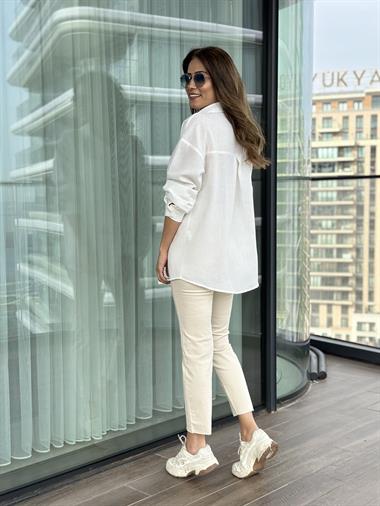 Beyaz Midye İşlemeli Keten Aerobin Kadın Gömlek