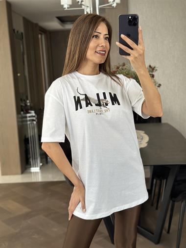Beyaz Mılan Yazı Baskılı Kadın T-Shirt